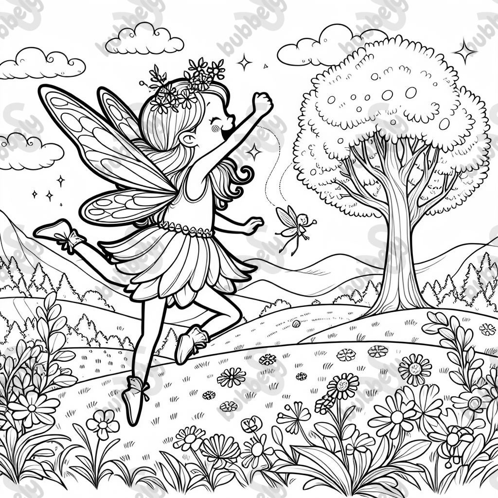 eine fee, die über eine wiese fliegt