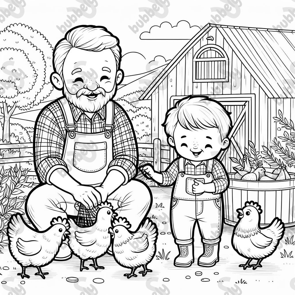 A grandpa with white shaved hair and a short white beard feeding chickens with his 2 year old frandson A grandpa with white shaved hair and a short white beard feeding chickens with his 2 year old frandson