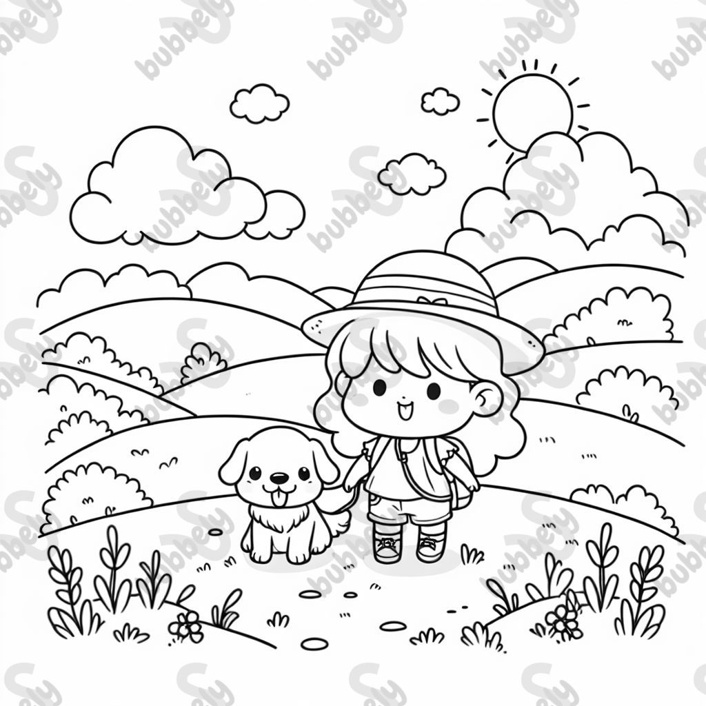 Une fille mignonne et un golden retriever en randonnée dans les plaines. Une fille mignonne et un golden retriever en randonnée dans les plaines.