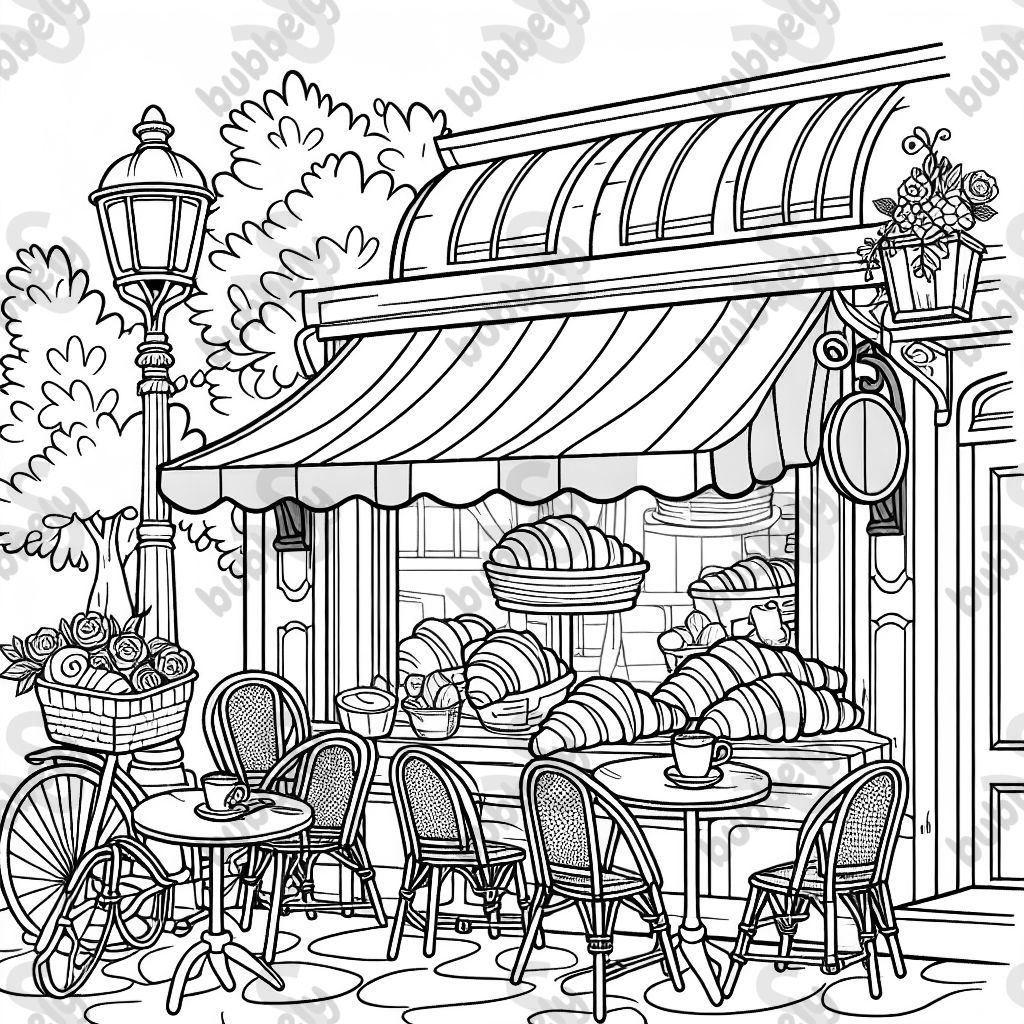 a Parisian café from the outside where you can see a croissant and a coffee a Parisian café from the outside where you can see a croissant and a coffee