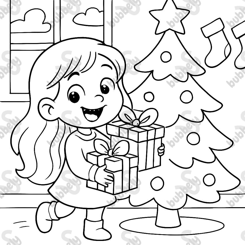 Long haired young girl holding gifts near christmas tree. Long haired young girl holding gifts near christmas tree.