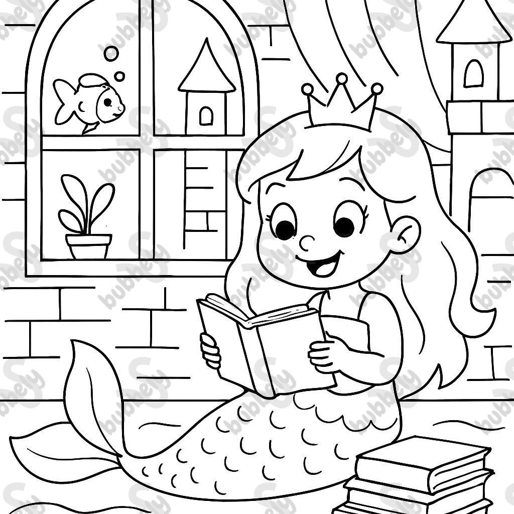 Una princesa sirena en su habitación del castillo leyendo libros. Una princesa sirena en su habitación del castillo leyendo libros.