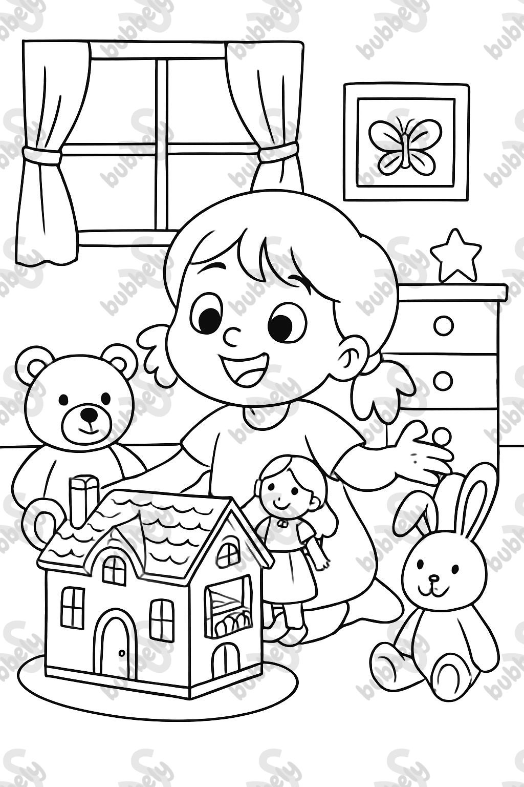 3 year old girl in her room playing with her dollhouse and stuffed animals. 3 year old girl in her room playing with her dollhouse and stuffed animals.