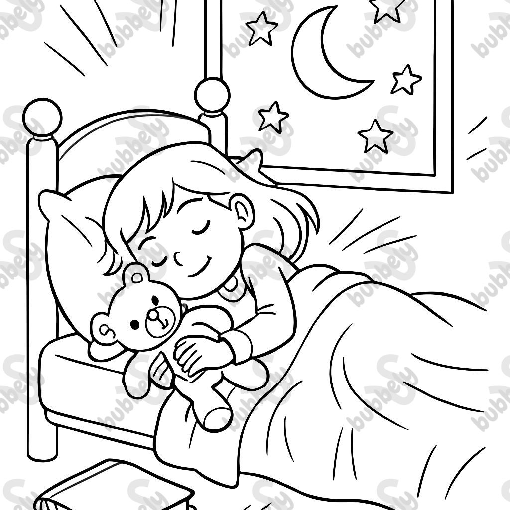 Little girl asleep in bed holding teddy bear, moon and stars outside window, storybook near, whole bed and book and window visible. Little girl asleep in bed holding teddy bear, moon and stars outside window, storybook near, whole bed and book and window visible.
