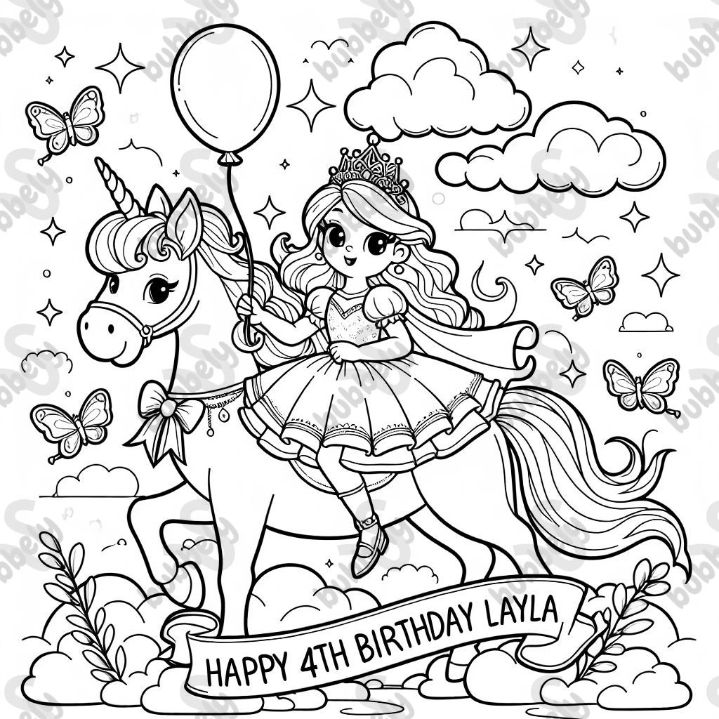 Elsa holding a balloon riding a cute unicorn with a banner that says HAPPY 4TH BIRTHDAY LAYLA. Elsa holding a balloon riding a cute unicorn with a banner that says HAPPY 4TH BIRTHDAY LAYLA.