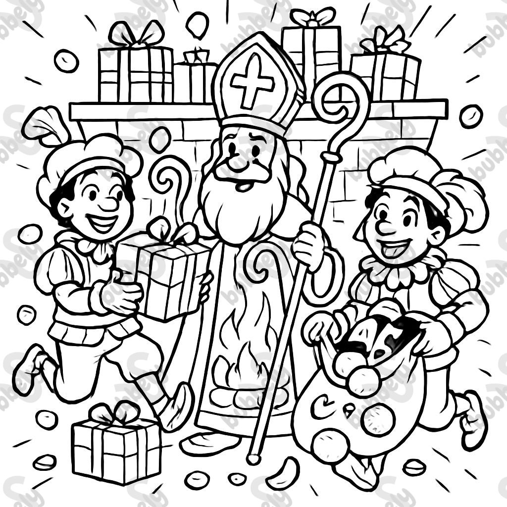 Sinterklaas et les aides avec des cadeaux et des bonbons, du chocolat et des mandarines au coin du feu joyeusement. Sinterklaas et les aides avec des cadeaux et des bonbons, du chocolat et des mandarines au coin du feu joyeusement.