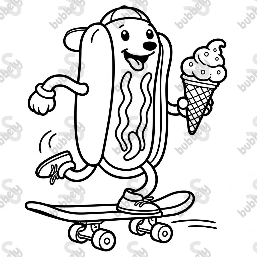 einen Hotdog, der auf einem Skateboard fährt und dabei ein Eis isst. einen Hotdog, der auf einem Skateboard fährt und dabei ein Eis isst.