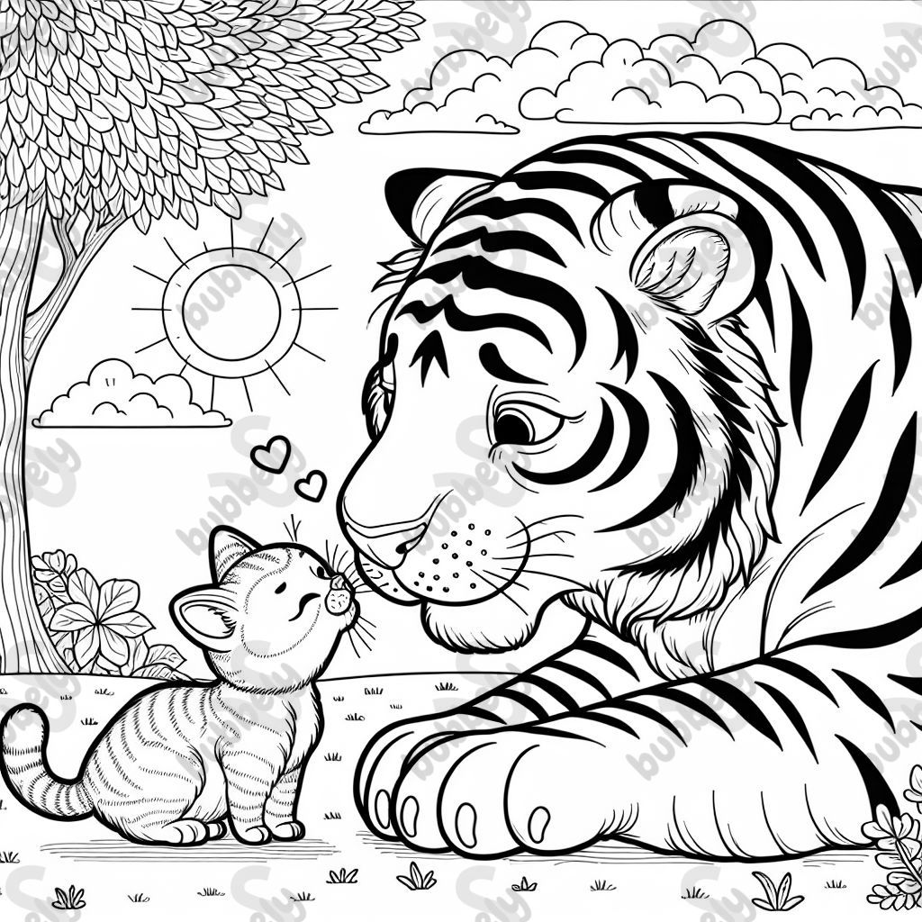A cat kissing a tiger. A cat kissing a tiger.
