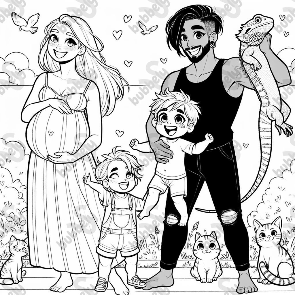 Créez une page de coloriage pour enfants sur un fond blanc montrant une famille composée d'une maman enceinte, d'un papa et d'un petit garçon. Ils ont deux chats assis sur le sol à côté d'eux, un chat a des rayures et l'autre chat a un pelage uni. Le petit garçon tient un dragon barbu. Créez une page de coloriage pour enfants sur un fond blanc montrant une famille composée d'une maman enceinte, d'un papa et d'un petit garçon. Ils ont deux chats assis sur le sol à côté d'eux, un chat a des rayures et l'autre chat a un pelage uni. Le petit garçon tient un dragon barbu.