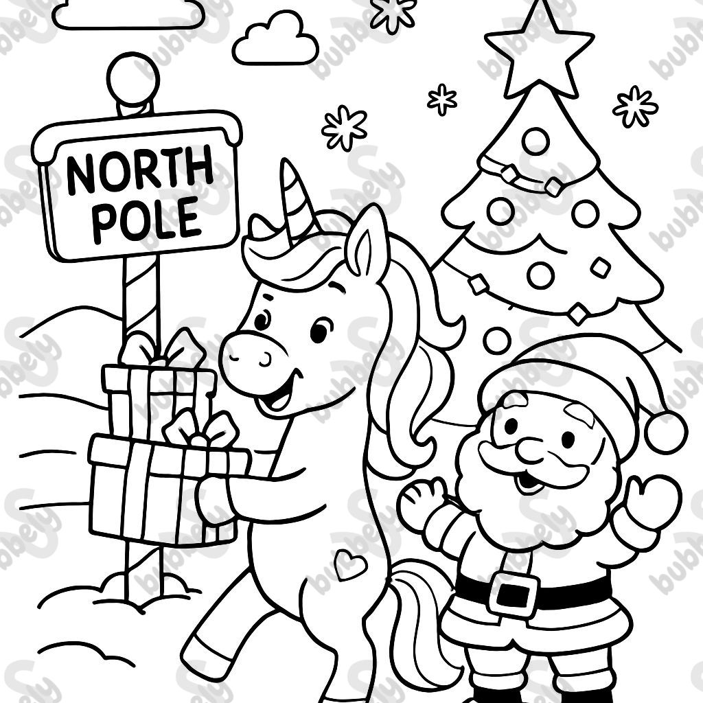 A unicorn holding Christmas gifts with Santa at the North Pole. A unicorn holding Christmas gifts with Santa at the North Pole.