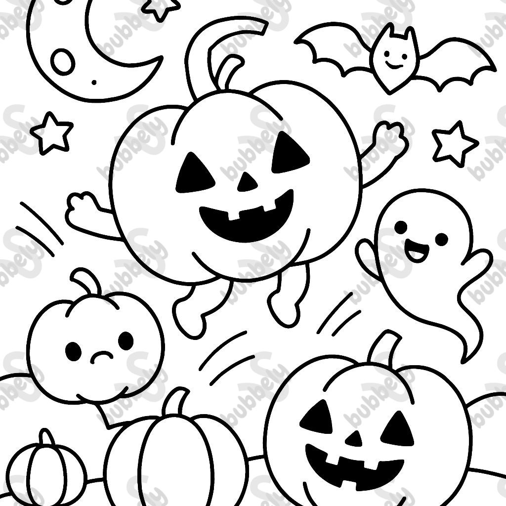 Kawaii Halloween with pumpkins and ghosts and bats all with cute faces. A moon and some stars. No people. Some pumpkins without faces too. Kawaii Halloween with pumpkins and ghosts and bats all with cute faces. A moon and some stars. No people. Some pumpkins without faces too.
