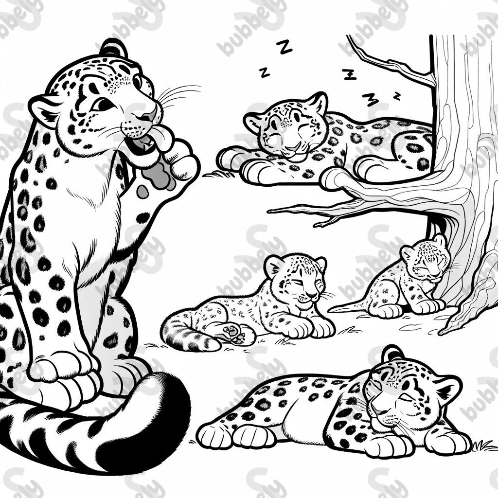 Familia de leopardos de las nieves. Papá se lame la pata. El bebé está durmiendo. La hermana mayor está acostada en el suelo. Mamá raspa un árbol. Familia de leopardos de las nieves. Papá se lame la pata. El bebé está durmiendo. La hermana mayor está acostada en el suelo. Mamá raspa un árbol.