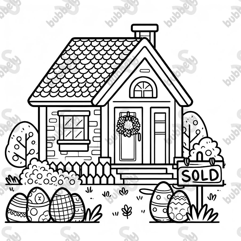 une maison à thème de Pâques avec un panneau 'vendu' une maison à thème de Pâques avec un panneau 'vendu'