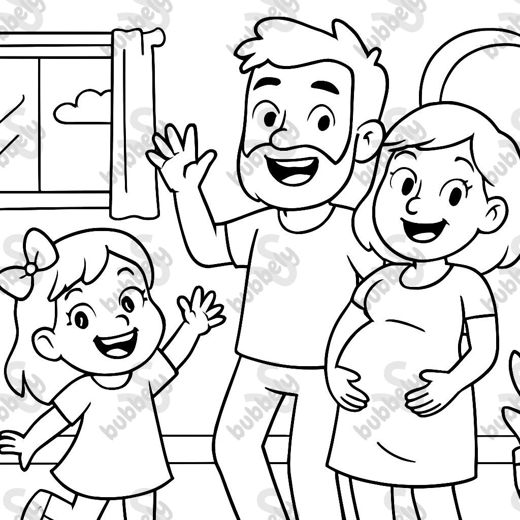 Famille dans une maison, fille, papa avec une barbe et maman enceinte Famille dans une maison, fille, papa avec une barbe et maman enceinte