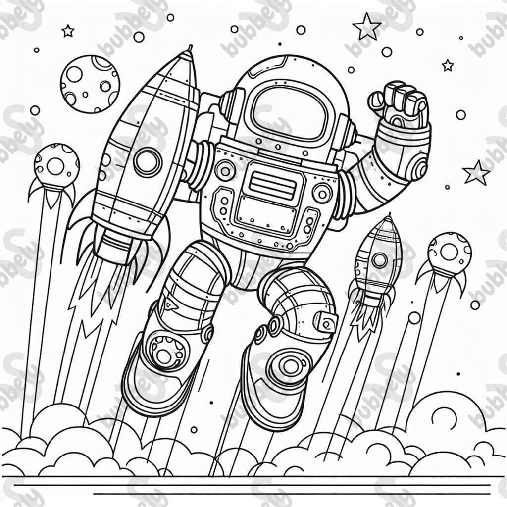 einen enorm großen Roboter der durch das Weltall fliegt mit rießigem Raketenantrieb an den Füßen und Armen einen enorm großen Roboter der durch das Weltall fliegt mit rießigem Raketenantrieb an den Füßen und Armen