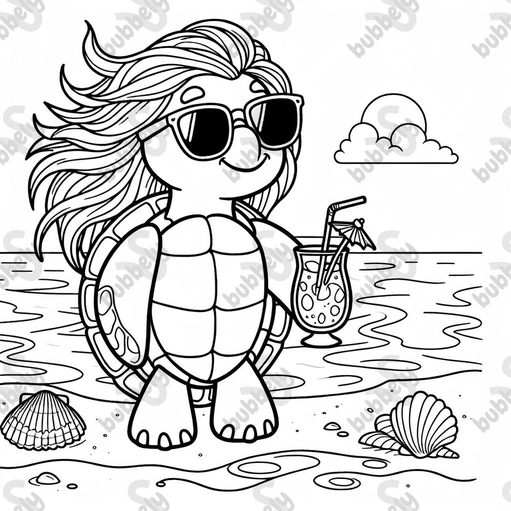 tortuga con pelo y un cóctel en la mano, en la playa, con gafas de sol tortuga con pelo y un cóctel en la mano, en la playa, con gafas de sol