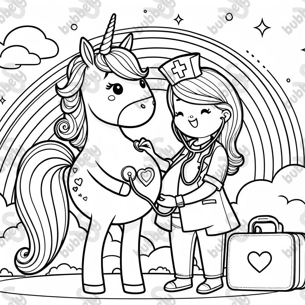 Infirmière licorne s'occupant d'une mère enceinte avec une trousse de secours cardiaque Infirmière licorne s'occupant d'une mère enceinte avec une trousse de secours cardiaque