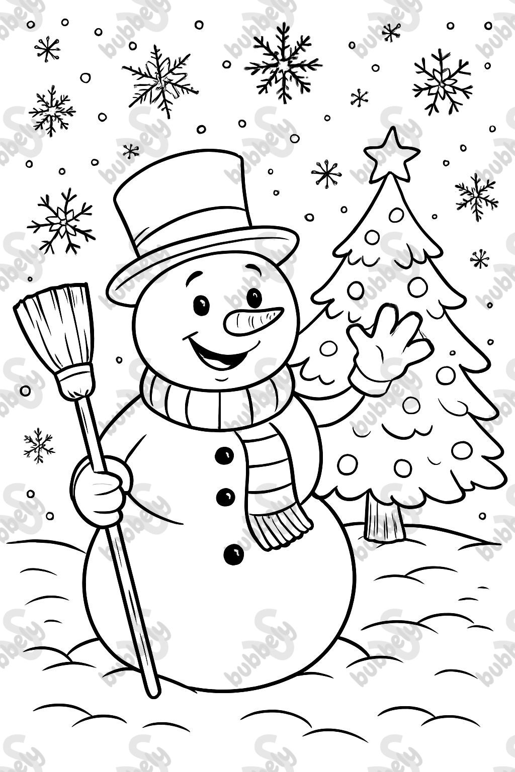 Christmas, happy snowman with a hat and broom, christmas tree, and snowflakes, Christmas, happy snowman with a hat and broom, christmas tree, and snowflakes,