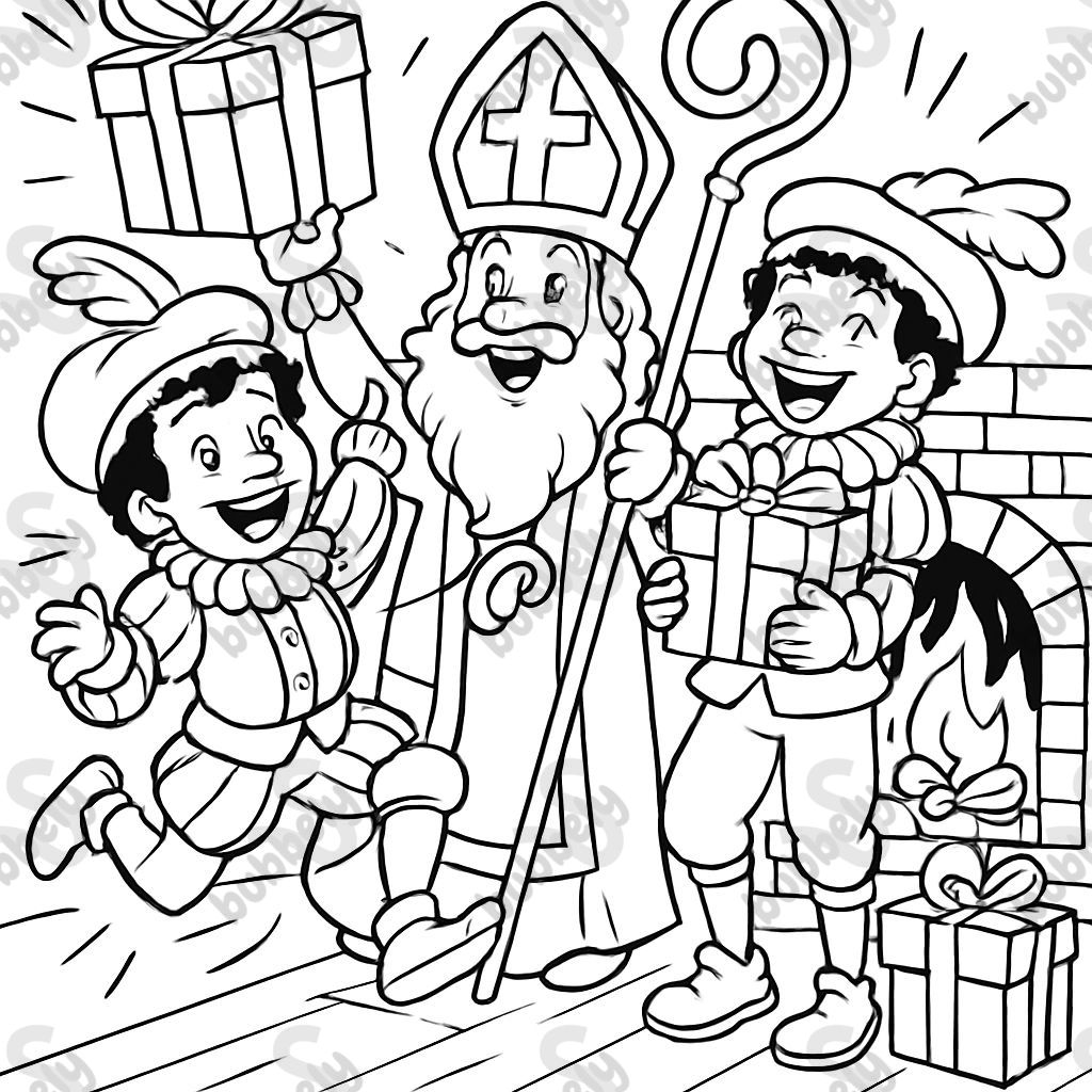 Sinterklaas et les aides avec des cadeaux près de la cheminée joyeuse Sinterklaas et les aides avec des cadeaux près de la cheminée joyeuse