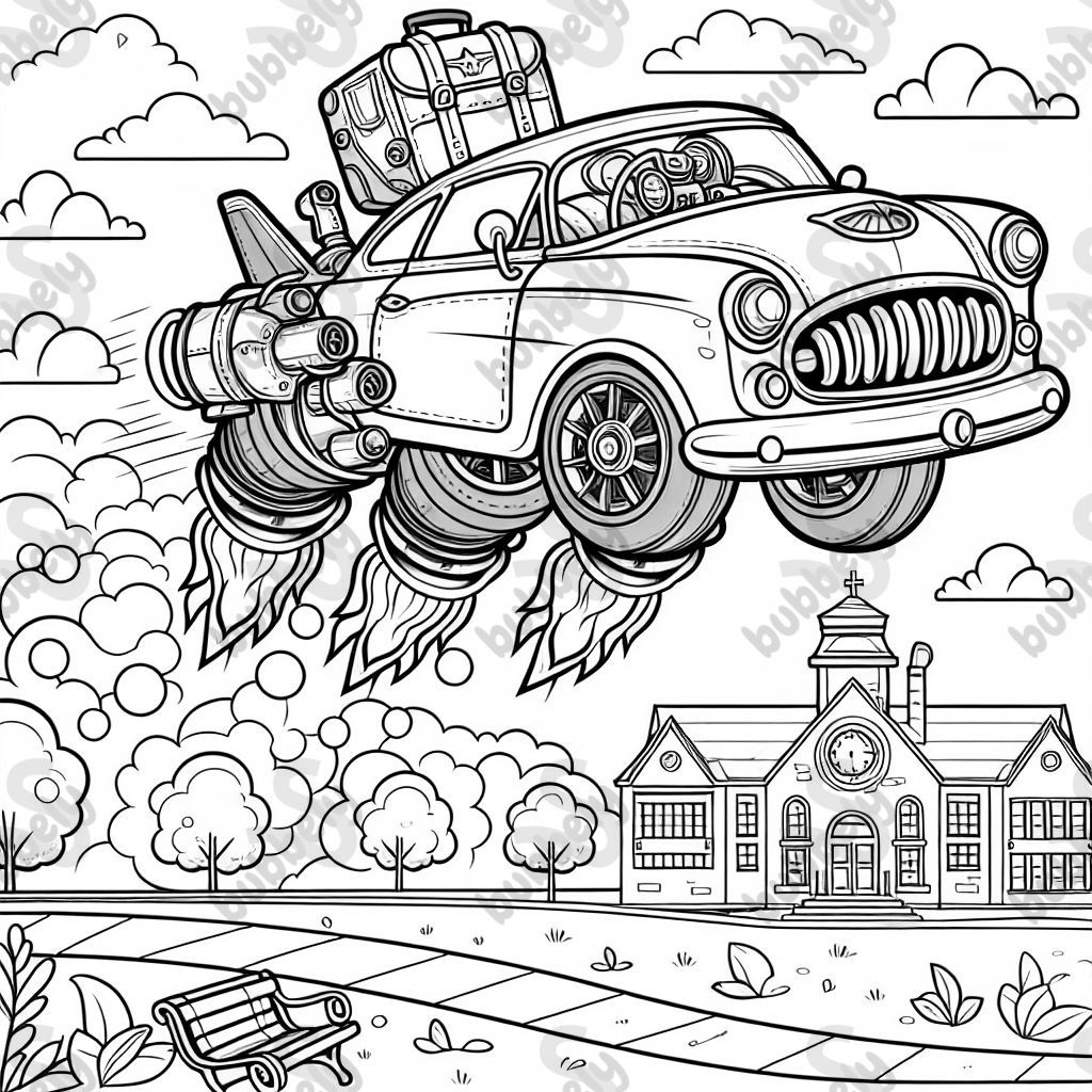 ein fliegendes Auto mit Düsenantrieb, brennenden Reifen und einer verbeulten Motorhaube und Gepäck auf dem Dach über eine Schule ein fliegendes Auto mit Düsenantrieb, brennenden Reifen und einer verbeulten Motorhaube und Gepäck auf dem Dach über eine Schule