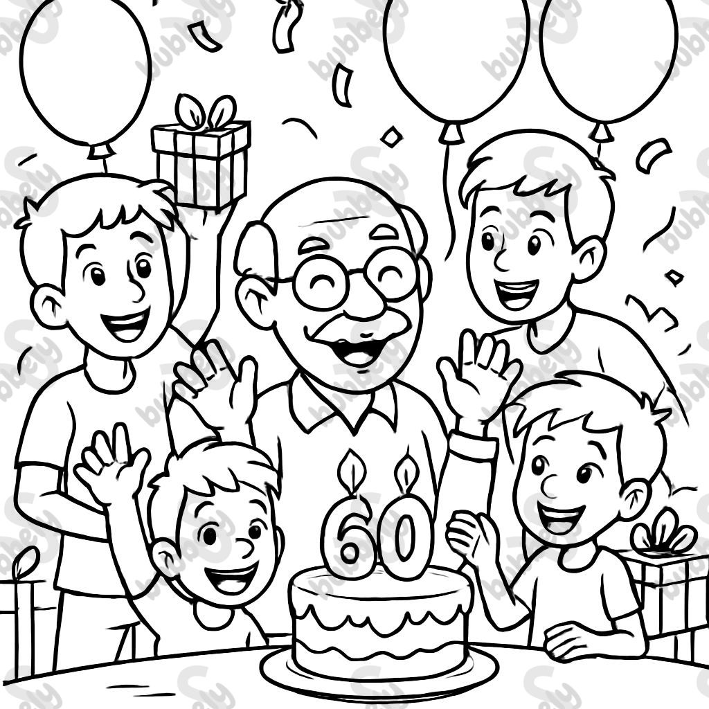 60th birthday of the grandfather with cake, gifts, and balloons. In the picture, grandpa is with his 3 grandsons (ages 13, 10, and 6) 60th birthday of the grandfather with cake, gifts, and balloons. In the picture, grandpa is with his 3 grandsons (ages 13, 10, and 6)
