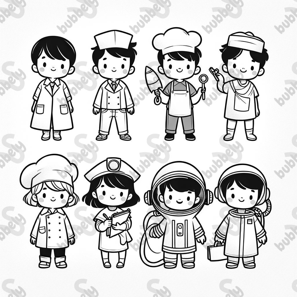 Siete niños de diferentes etnias usando sus uniformes de una variedad de campos profesionales. Siete niños de diferentes etnias usando sus uniformes de una variedad de campos profesionales.