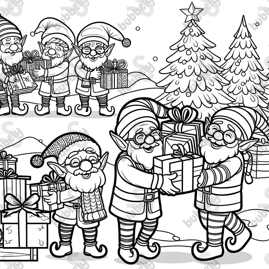 Ältere Wichtel die Geschenke treagen und einpacken mit einem Weihnachtsbaum im Hintergrund