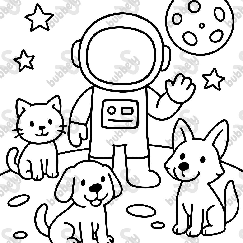Un gatito, un perro y un coyote con un astronauta en la luna. Un gatito, un perro y un coyote con un astronauta en la luna.