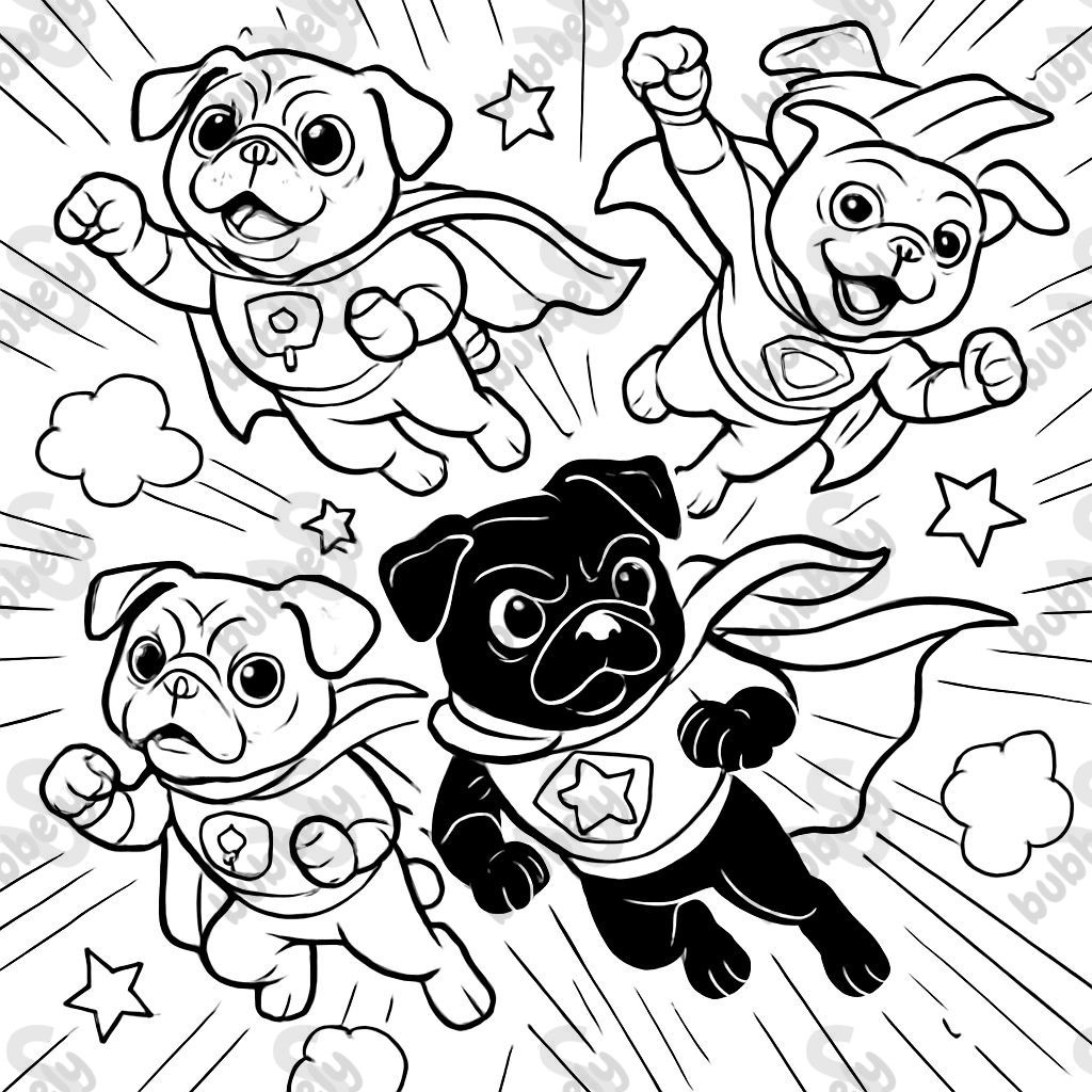 Four pugs (one is black) dressed as super heroes Four pugs (one is black) dressed as super heroes