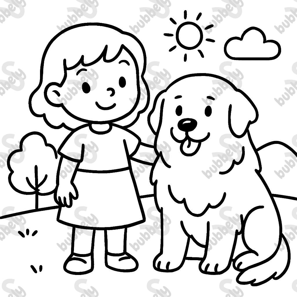 une petite fille avec des cheveux ondulés aux épaules se tenant avec son grand Pyrénées une petite fille avec des cheveux ondulés aux épaules se tenant avec son grand Pyrénées