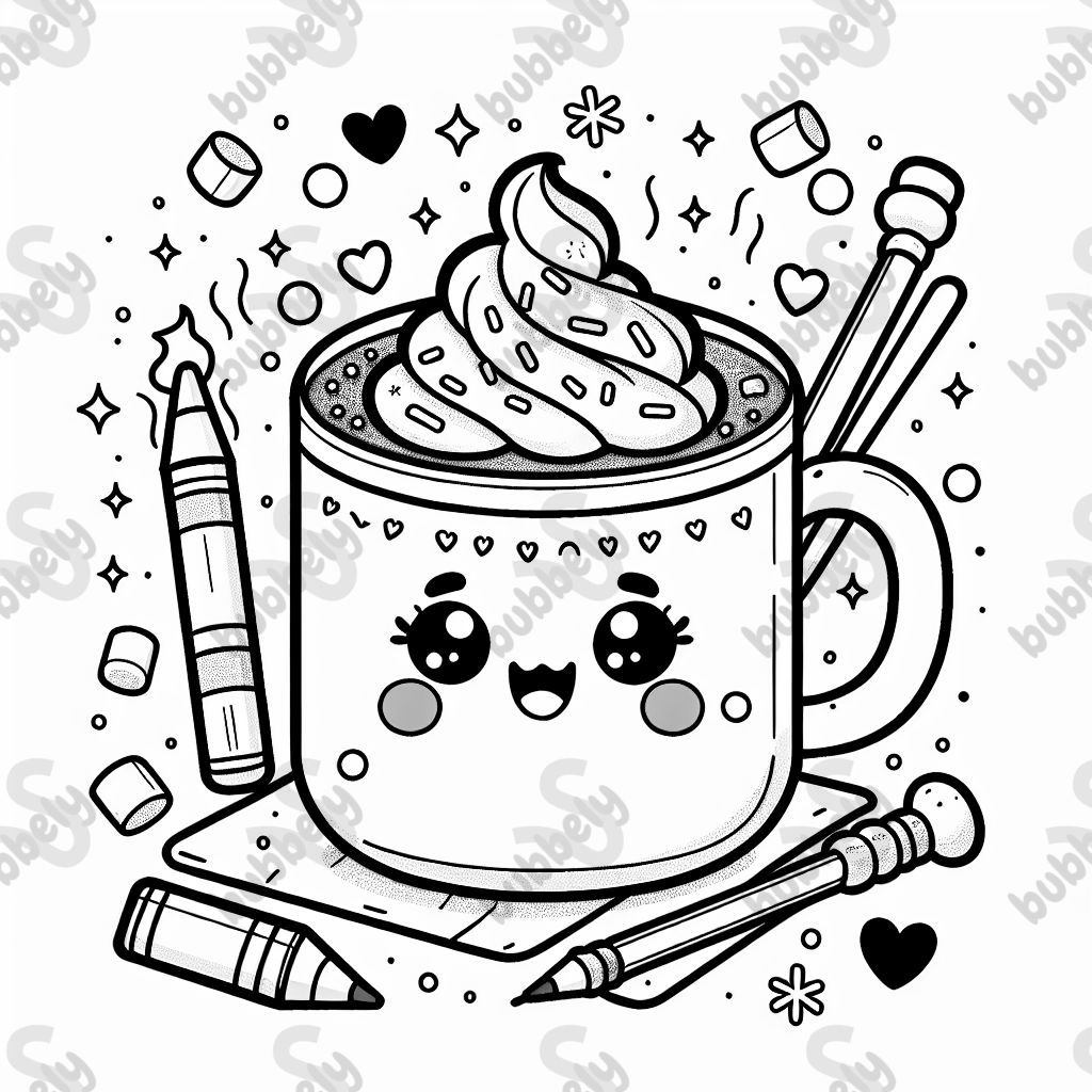 Una taza de chocolate caliente con una cara linda, crema batida, chispas y malvaviscos. Una taza de chocolate caliente con una cara linda, crema batida, chispas y malvaviscos.