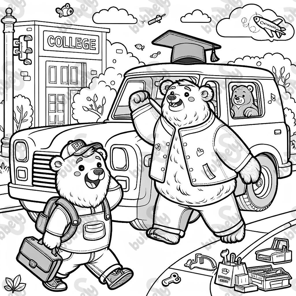 A bear going to college with his friend, a mechanic bear going to work. A bear going to college with his friend, a mechanic bear going to work.